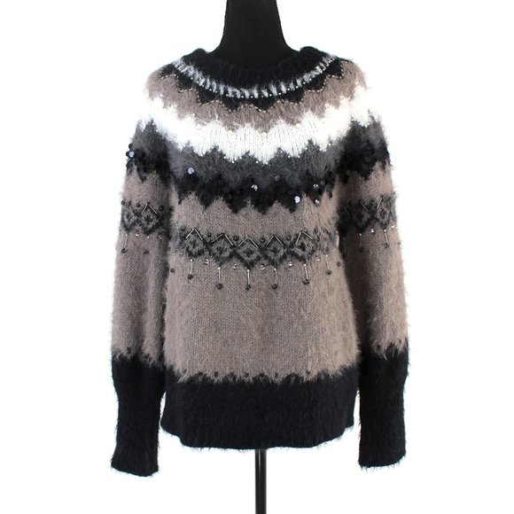 Anthropologie Sweaters - Anthropologie Sleeping On Snow Embellished Fair Isle Black Grey Fuzzy Sweater M